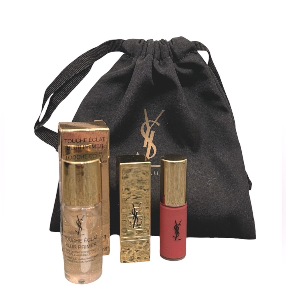 YSL travel pouch with lips, primer and mascara.